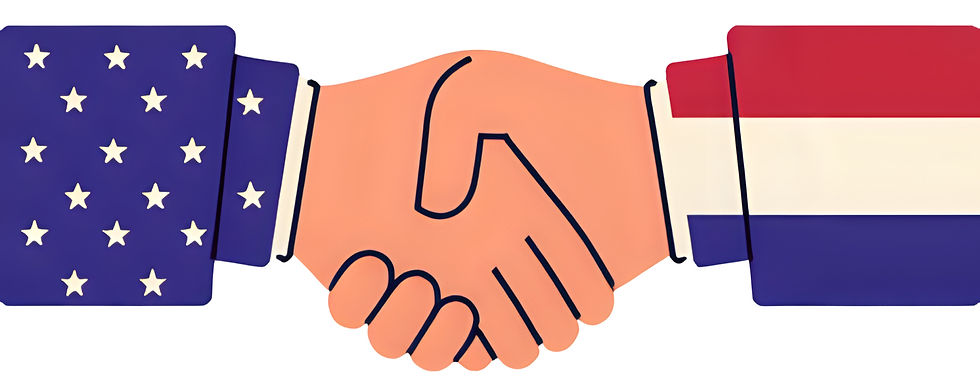 American and Dutch flag sleeves on two hands performing a handshake