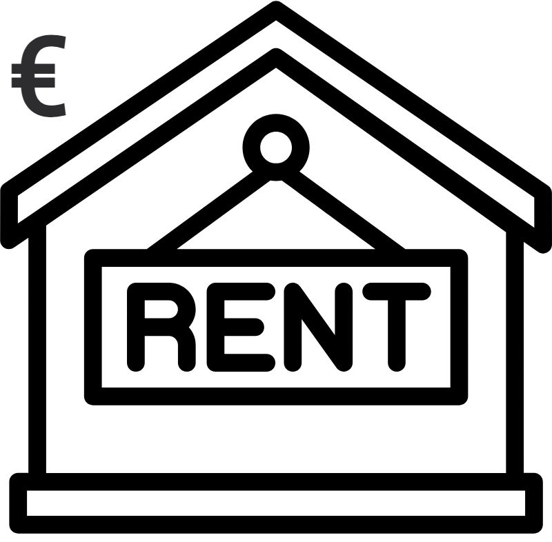 house shape with word "rent" and euro sign