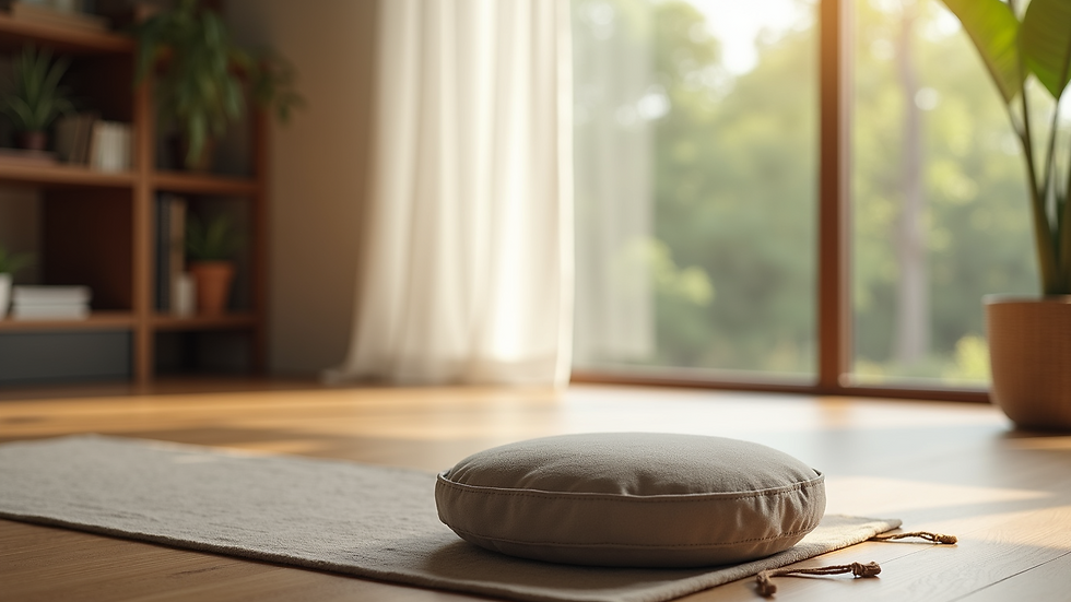 Close-up view of a serene indoor space with a meditation cushion