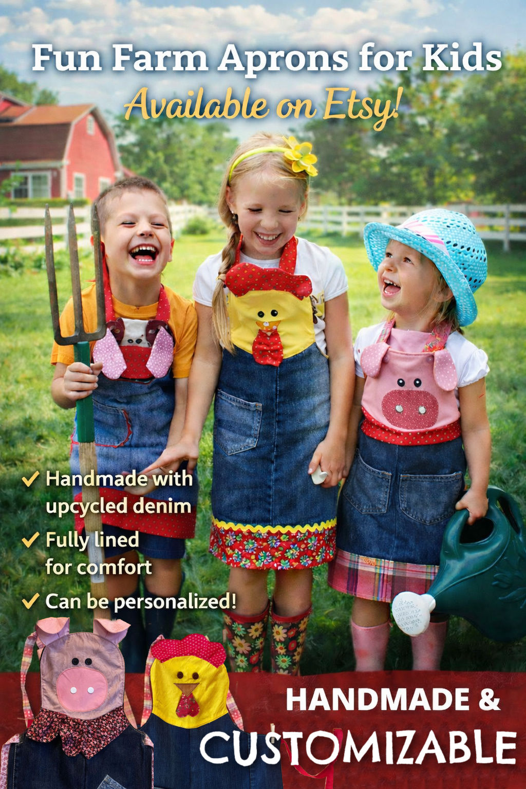 Chicken Farm Apron for Kids – Handmade Upcycled Denim Farmland Apron