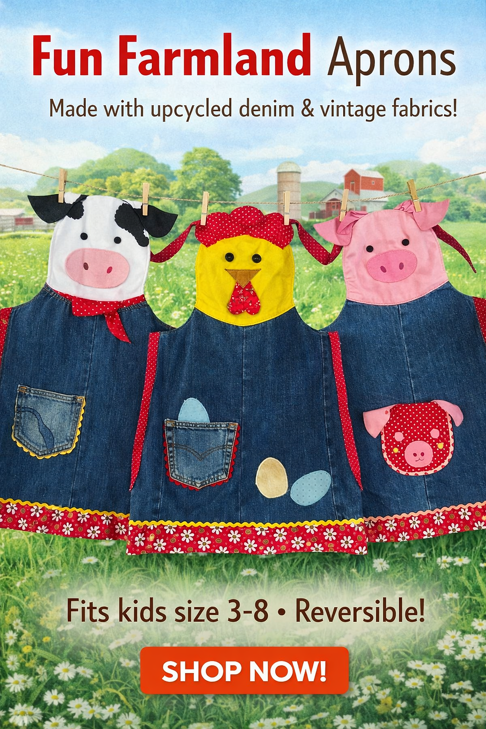 Thumbnail: Chicken Farm Apron for Kids – Handmade Upcycled Denim Farmland Apron