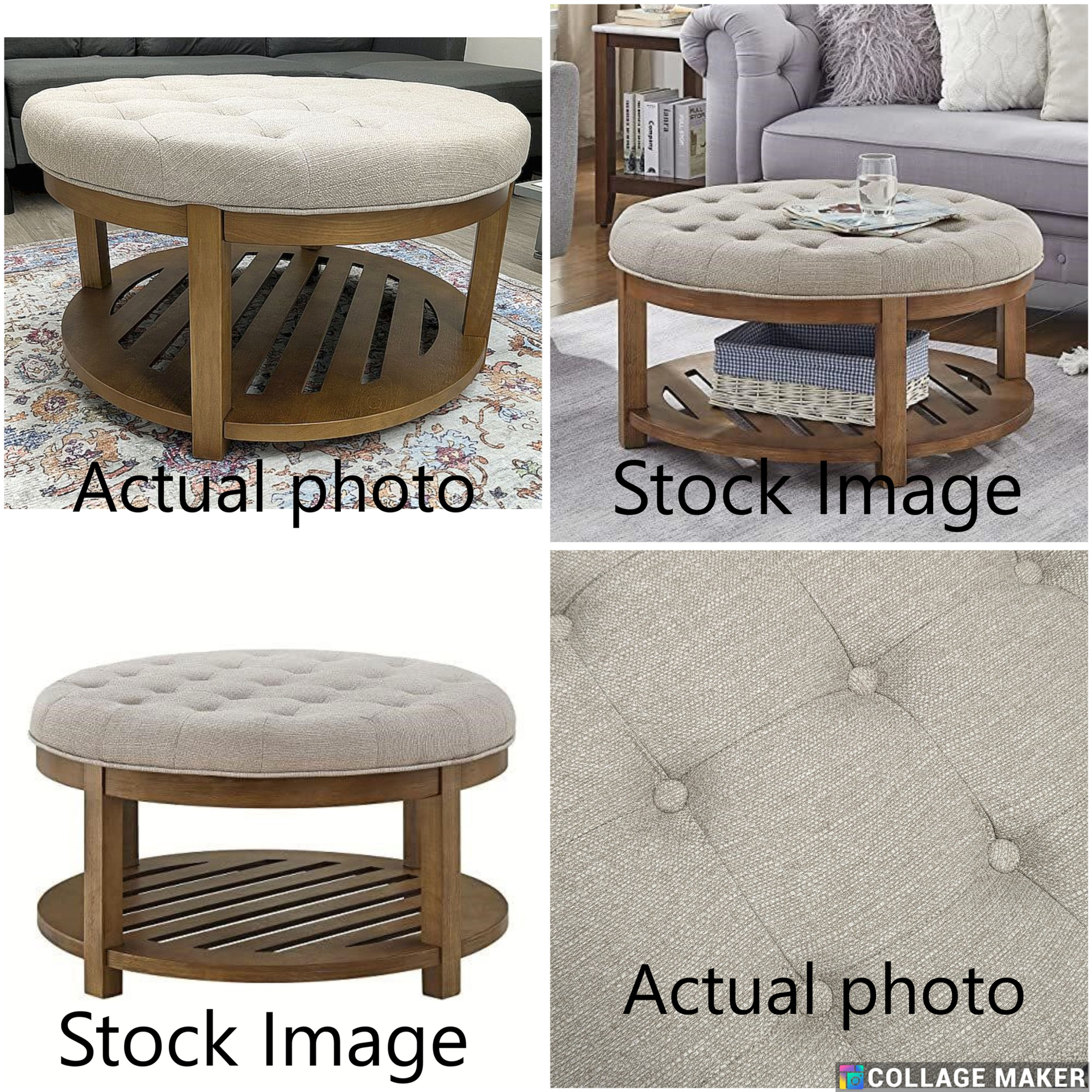 Large Round Upholstered Tufted Linen Ottoman/Coffee Table/ Footrest
