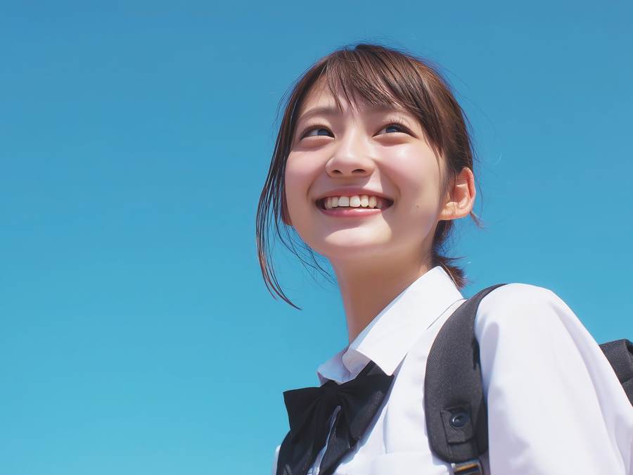 青空の下で笑顔の高校生