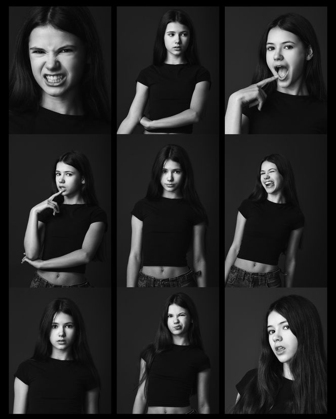 Ksenia, portret w czerni i bieli. Kolarz kilku zdjęć wykonanych w studiu.