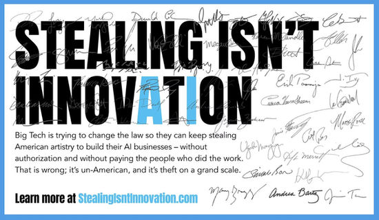 Kampania przeciwko AI: „Stealing Isn’t Innovation”, prowadzona przez Human Artistry Campaign, zyskała poparcie setek znanych twórców ze świata filmu, fotografii, muzyki, telewizji i literatury.