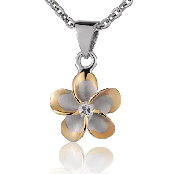 Plumeria CZ YG Rhodium Pendant - 10mm