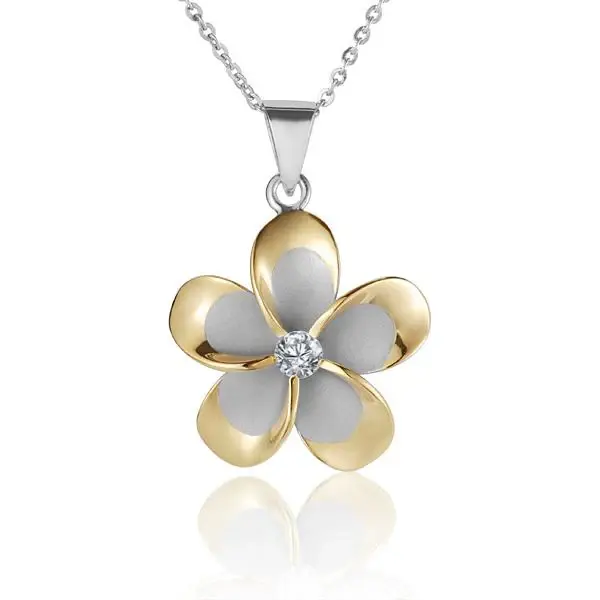 Plumeria CZ YG 2T Rhodium Pendant - 25mm