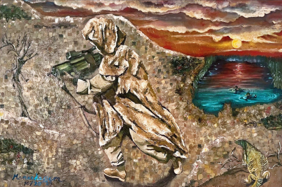 Soldier running in a desert in ruins during sunset