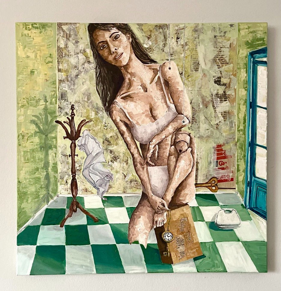 A girl sitting on a box in a gloomy room, her body is turning into a toy and falling apart in an oil painting on a canvas