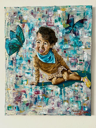 Oil painting of a baby girl playing with a butterfly
