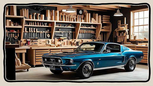 realistic wood shop with real tools and a thick black outline next to a 67 mustang.jpg