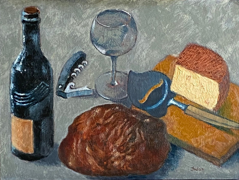 Homemade bread Manchego and wine. Life's comforts 12x16 oil.jpeg
