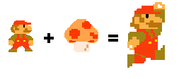 Original size Mario plus Mario Bros. mushroom equals big, unstoppable Mario!