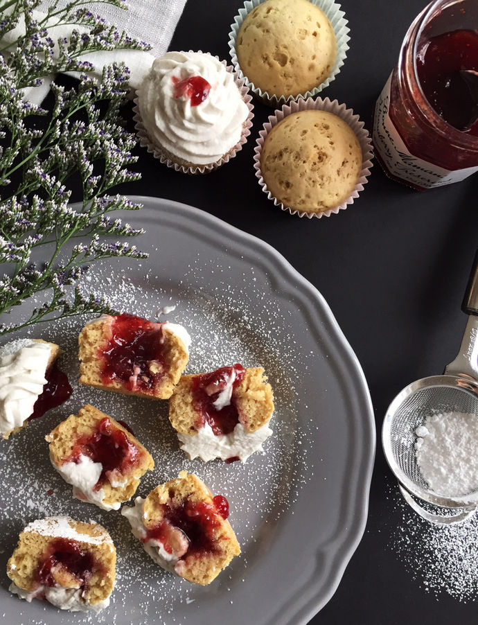 Strawberry Preserve Filled Cupcakes with Coconut Whipped Cream