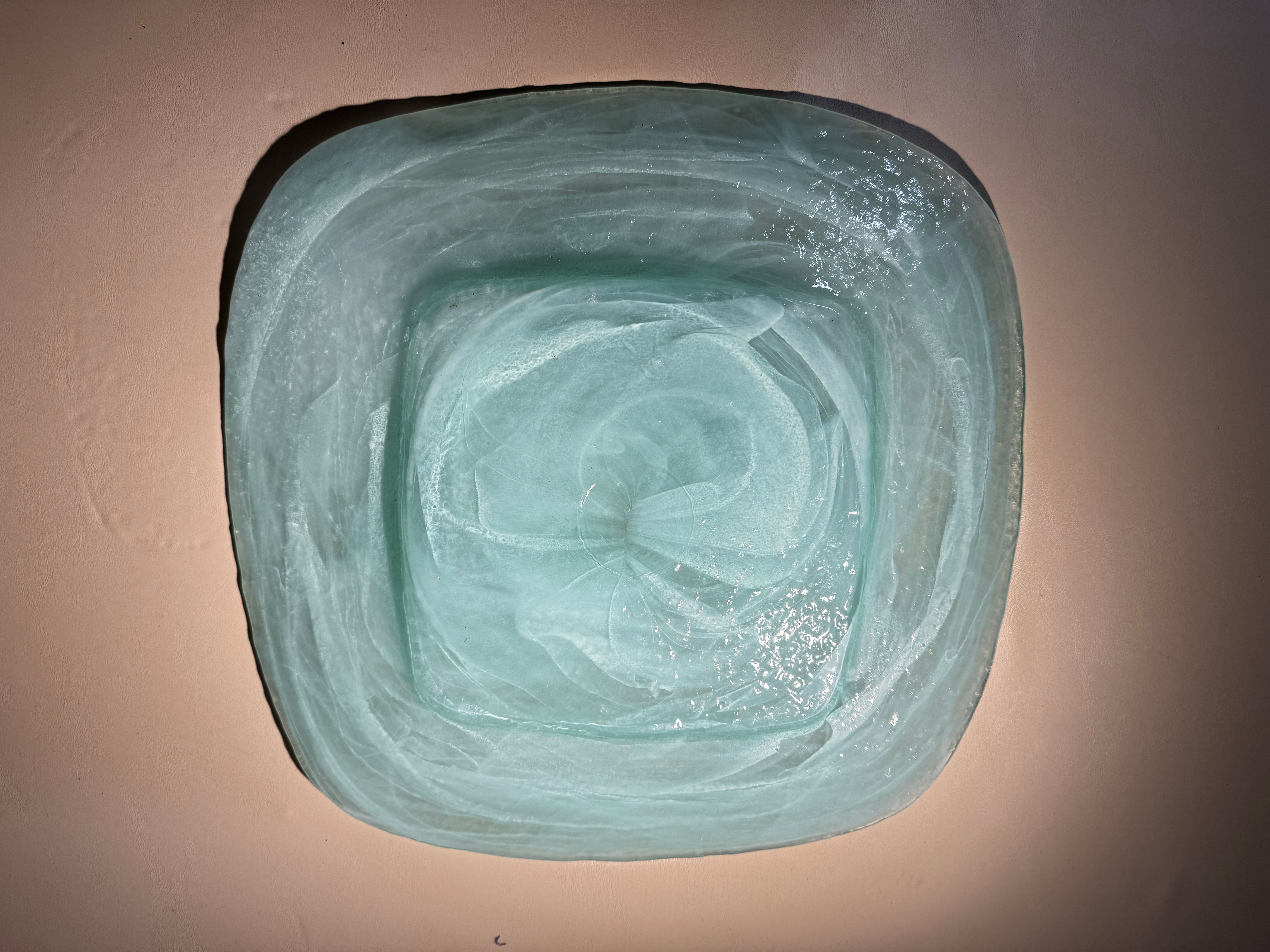 Alabaster 13” Glass Platter with Aqua Color and Featuring White Swirls