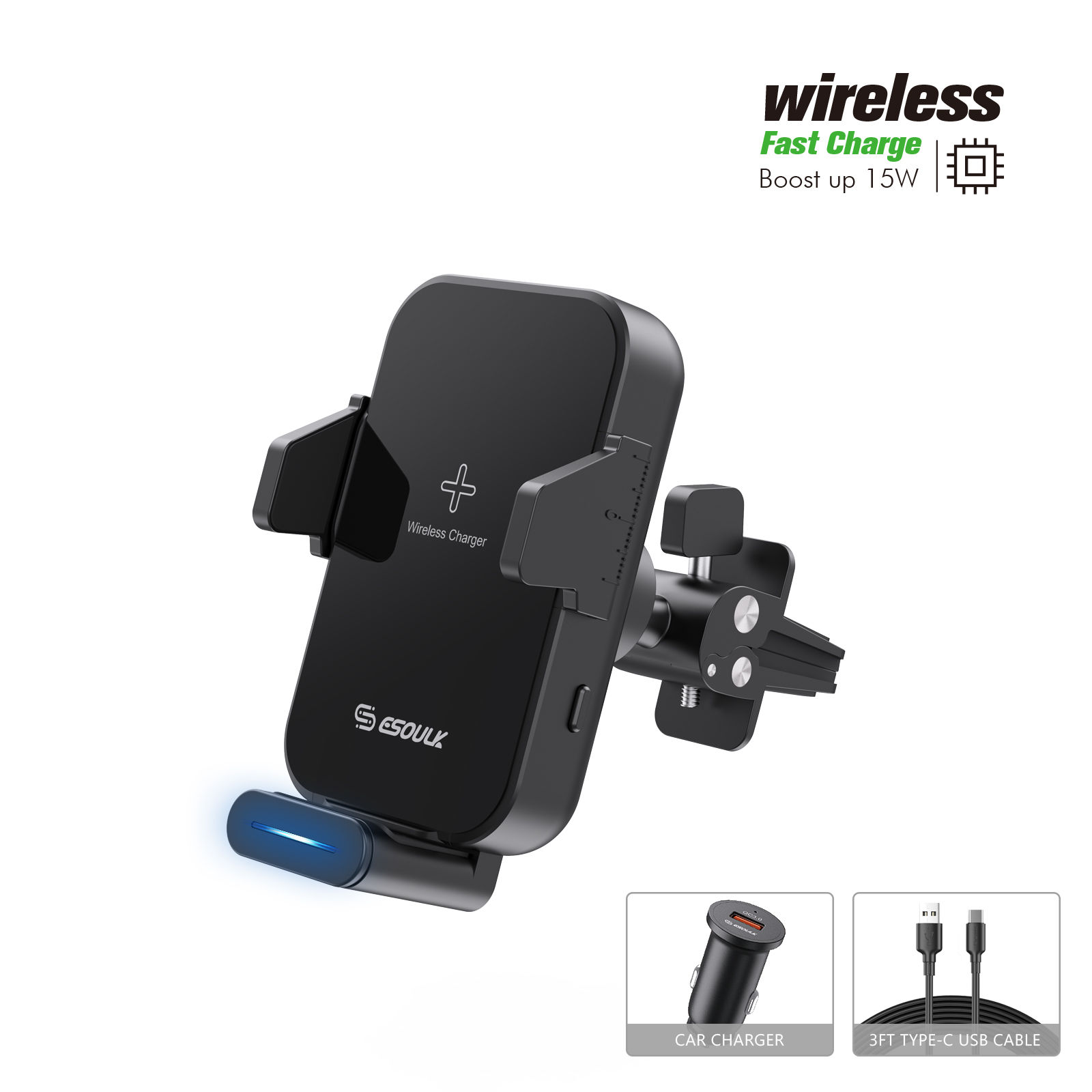 Sensor 15W Wireless Charger Air Vent Car Holder (6/36)  1 x 3ft Cherger Cable /