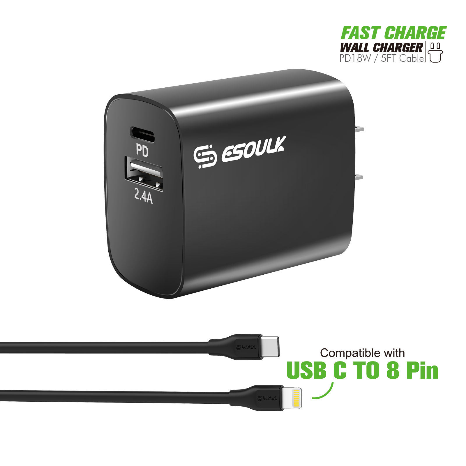 18W Wall Charger PD&2.4A USB with 5ft C to 8Pin cable(6/72)