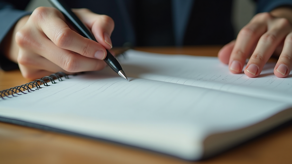 Close-up view of a notebook with gender equity notes and a pen