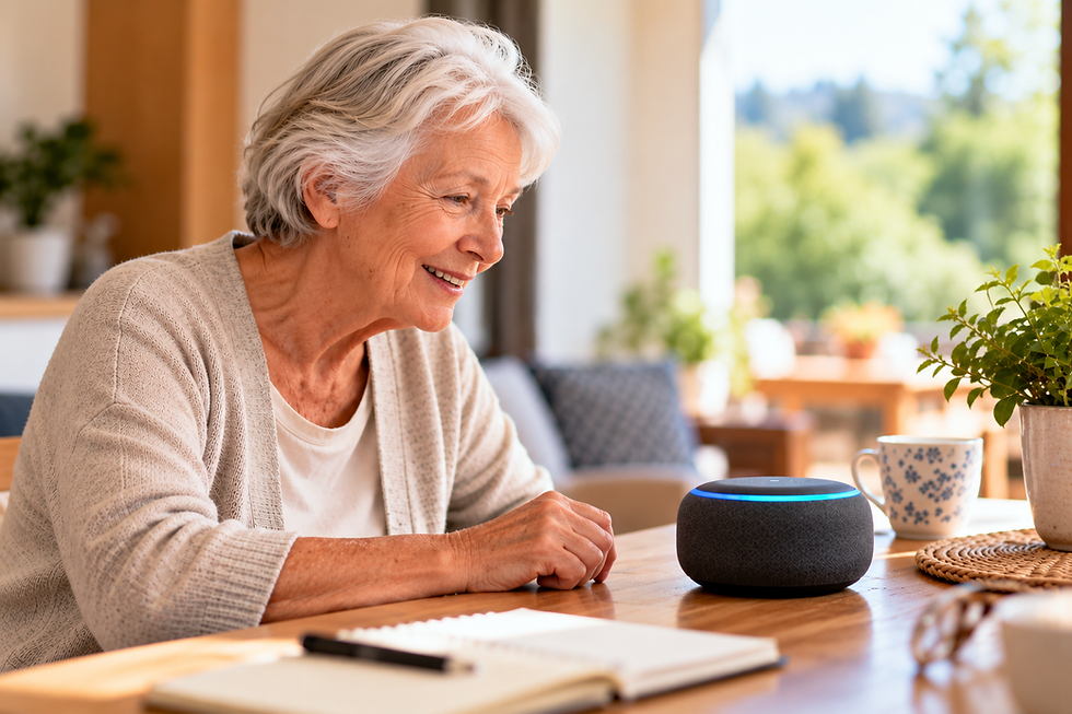Older person using a voice assistant for daily reminders and independent living support