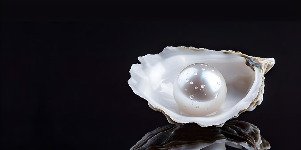 pearl-oyster-shell-water-droplets-black-background-reflective-surface-concept-jewelry-phot
