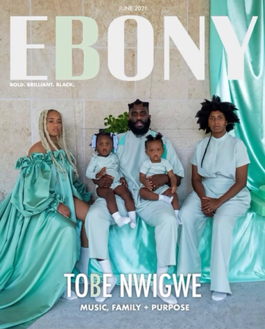 Fatt Nwigwe wearing the custom teal ‘About Jojo’ maternity robe by Salva Atelier, featured in the June 2021 issue of Ebony Magazine alongside Tobe Nwigwe and family.