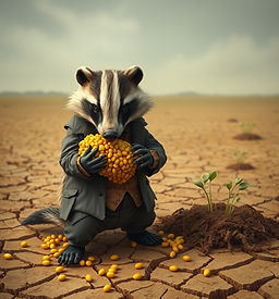 A greedy badger in a tattered business suit, clutching a pile of glowing golden seeds in h