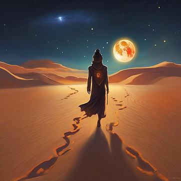 “A lone figure walking across an ancient desert trail, but their footsteps leave glowing s