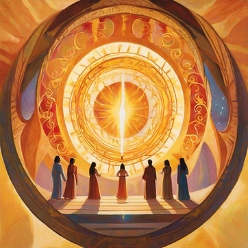 “A symbolic painting of a golden flame being passed from one person to another in a spiral