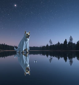 A large dog wearing a ghost costume (GhostWolf) stands beside a perfectly still lake under