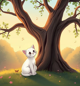 A soft, curious white cat (Kathy), sitting quietly under a tall old tree at dawn. Musical
