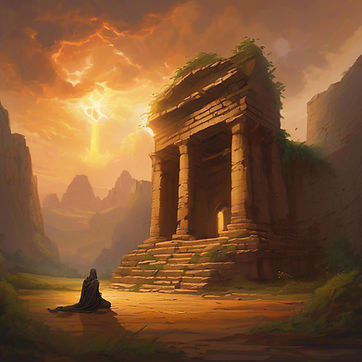 “A smoldering, broken temple under a stormy sky. Vines grow through cracks in the stone. A
