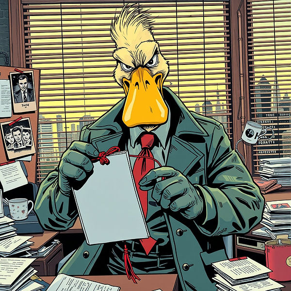 _Anthropomorphic tough goose slamming a corruption board with red string and pinned photo