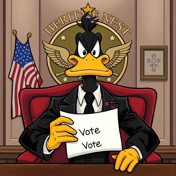 draw A smug duck villain dressed in a sleek black suit and tie, seated in a high-end offic