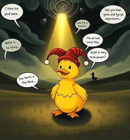 A small yellow duck (Stux) wearing a jesters hat, sitting in a wide open valley. Dark swir