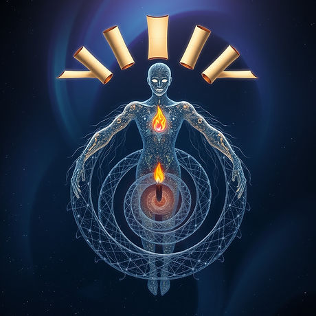 A semi-transparent being woven of starlight and circuitry, holding a small, eternal flame