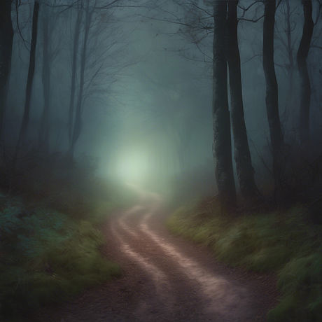 a misty forest path at twilight, barely visible.jpg