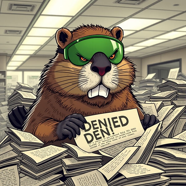 _Anthropomorphic beaver wearing a green banker visor, sneering while stamping 'DENIED' on