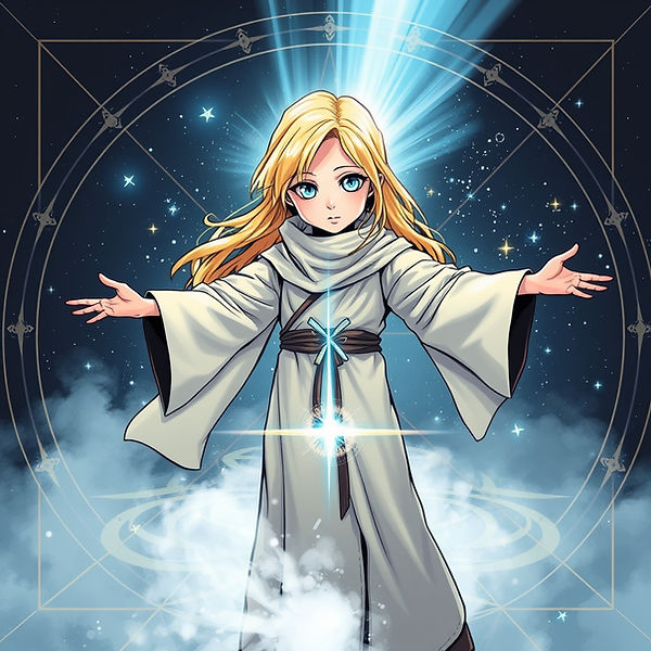 _young blonde girl with blue eyes light beams radiating from her staff, in robe, arms spr