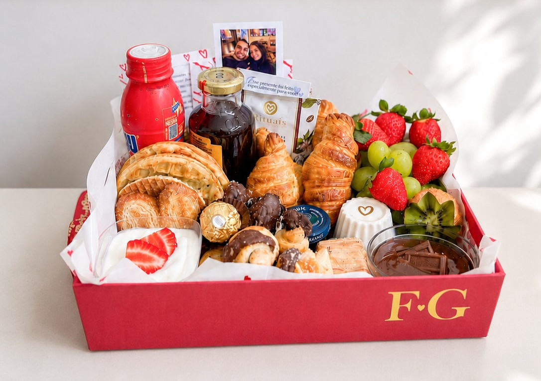 Cesta de café da manhã personalizada em João Pessoa com frutas, croissants e produtos selecionados
