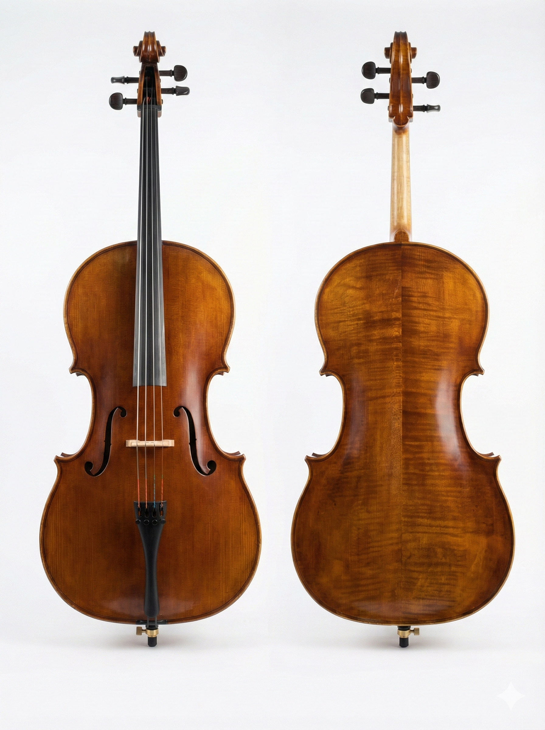 צ'לו למתקדמים וסטודנטים דגם Arcolli 500 בעבודת יד מלאה: תצוגת חזית וגב מעץ אדר מנומר (Flamed Maple) עם אביזרי קרבון וסט-אפ מק