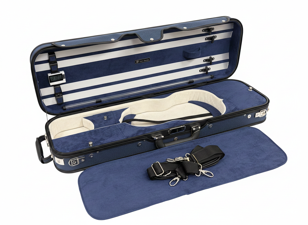 ארגז כינור Napoles במידה 4/4 פתוח: ריפוד כחול ופסים, מד לחות, מקום ל-4 קשתות, תא אביזרים וכיסוי בד תואם.