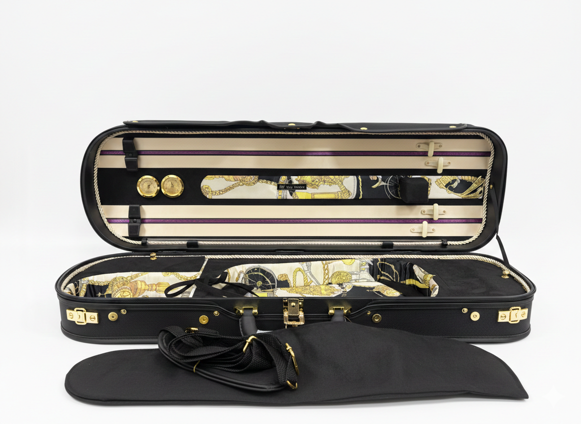 ארגז כינור Milano במידה 4/4 פתוח: ריפוד שחור יוקרתי, 2 מחווני בקרה מוזהבים, מקום ל-4 קשתות וכיסוי בד.