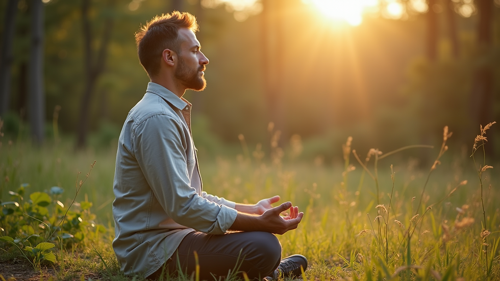 Plano medio de Daiglys García meditando en un espacio natural, mostrando concentración y bienestar