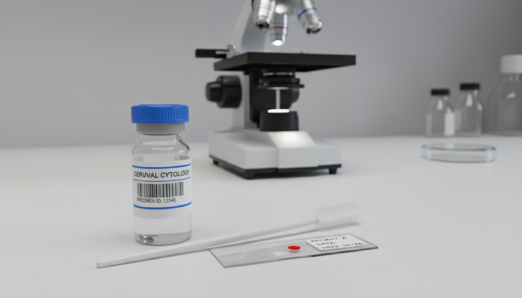 Close-up of a cervical cytology vial and microscope slide on a laboratory bench