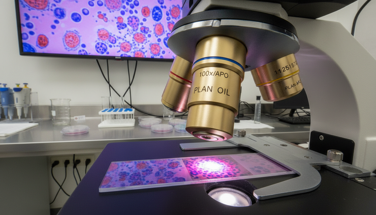 Low-angle view of a microscope focusing on stained cervical cells