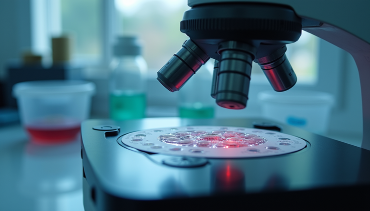 Vista de cerca de un microscopio digital analizando muestras celulares en laboratorio