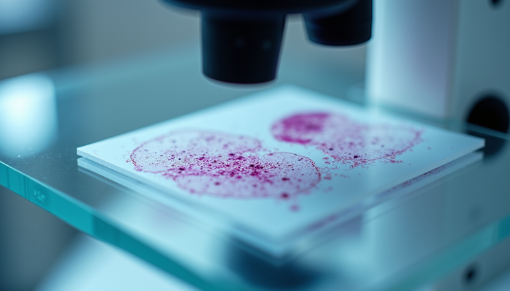 Vista cercana de portaobjetos con tejidos procesados en laboratorio de histotecnología