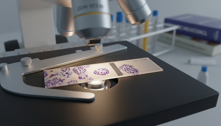 Close-up view of a cervical cytology slide under a microscope
