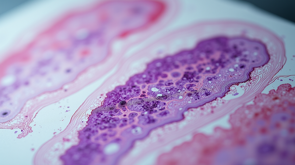 Close-up view of histological slides with staining techniques