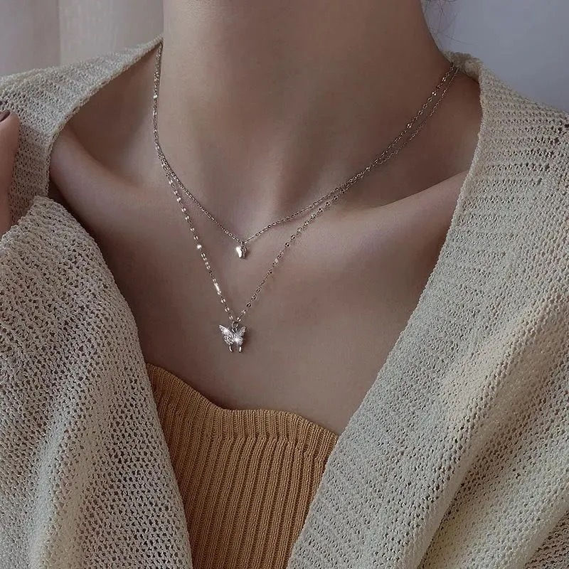 Miniatura: Double Layer Butterfly Women Necklace Sparkling Exquisite Double Layer Collar Ch